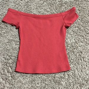 Red tee off the shoulder
